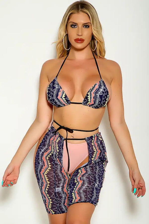 Pink Multi Halter Two Tone Mesh Cover Up Three Piece Sexy Swimsuit