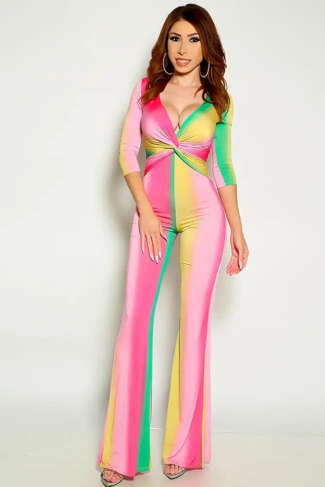 Pink Multi Quarter Sleeve Front Knot Flared Jumpsuit