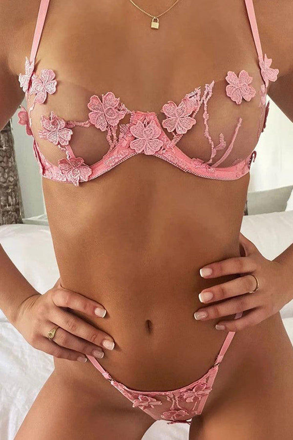 Pink Sheer Mesh Floral Embroidered Underwire Bra & Panties Set