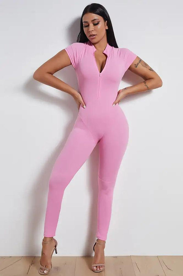 Pink Short Sleeve Mock Neck Front Zip Up Fitted Jumpsuit