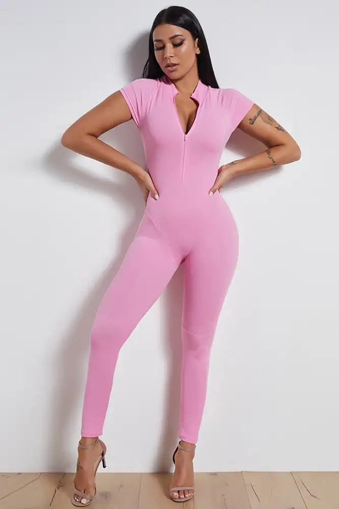 Pink Short Sleeve Mock Neck Front Zip Up Fitted Jumpsuit