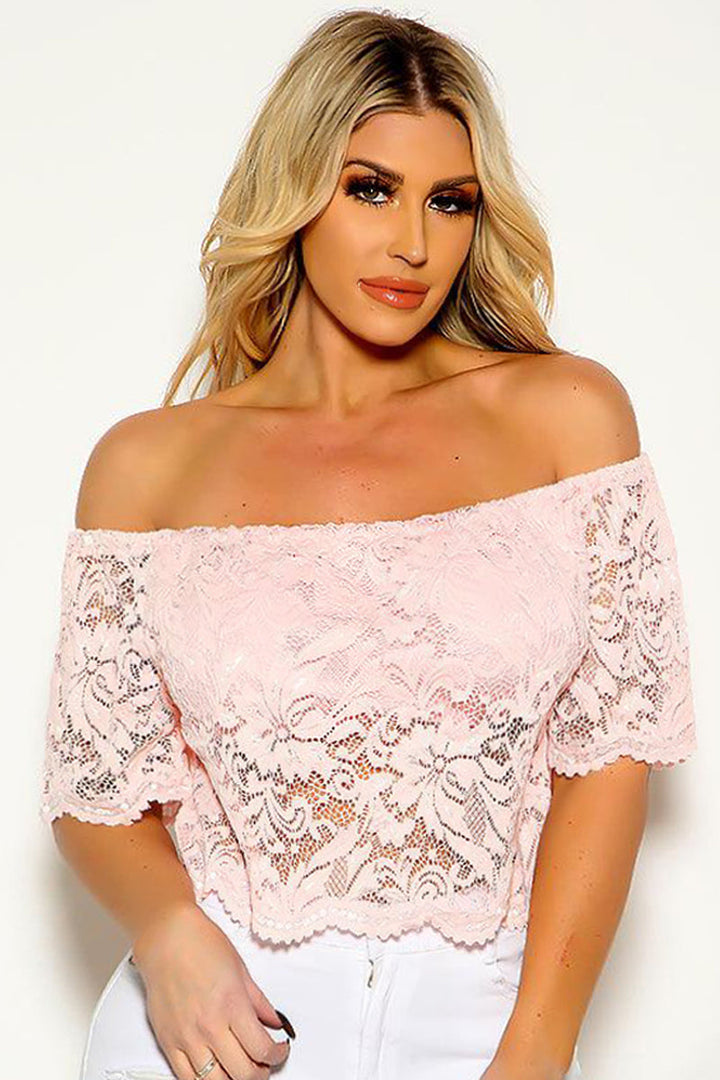 Pink Short Sleeve Off Shoulder Floral Lace Crop Top