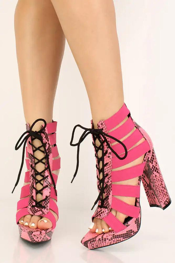 Pink Snake Print Strappy Lace Up Chunky Heels