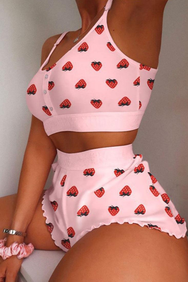 Pink Strawberries Print Crop Top Boy Shorts 2Pc Pajamas PJ Set