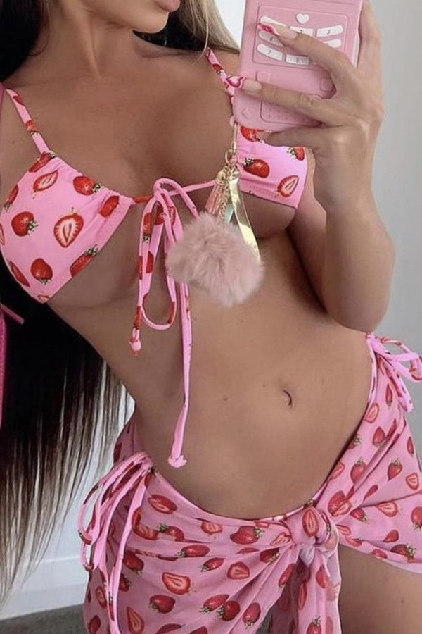 Pink Strawberry Print Strappy Cheeky Sexy Three Piece Swimsuit