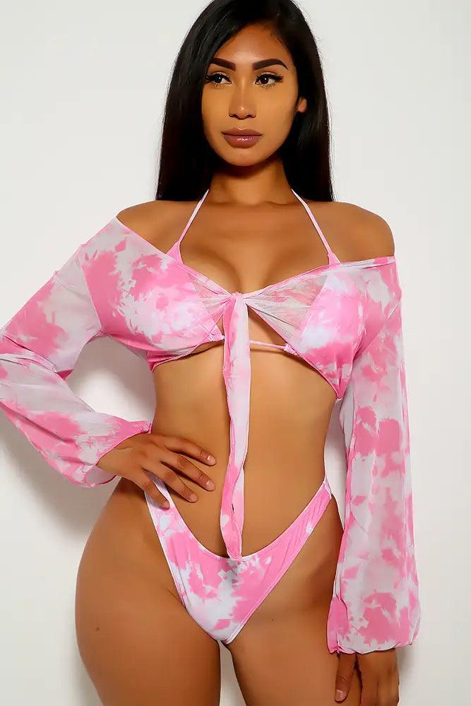 Pink White Tie Dye Print Two Piece Swimsuit