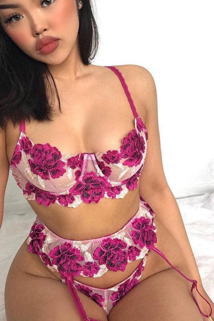 Purple Floral Embroidered Mesh Underwire Sexy Lingerie 3 Pc Set