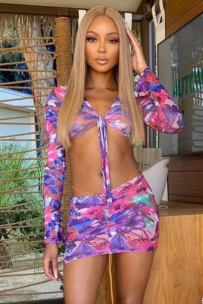 Purple Floral Print Long Sleeve Mesh Ruched Sexy Two Piece Dress