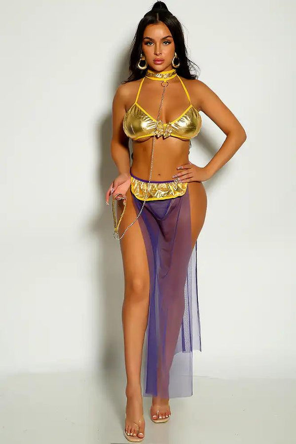 Purple Metallic Halter Chain Strap Mesh Two Piece Costume