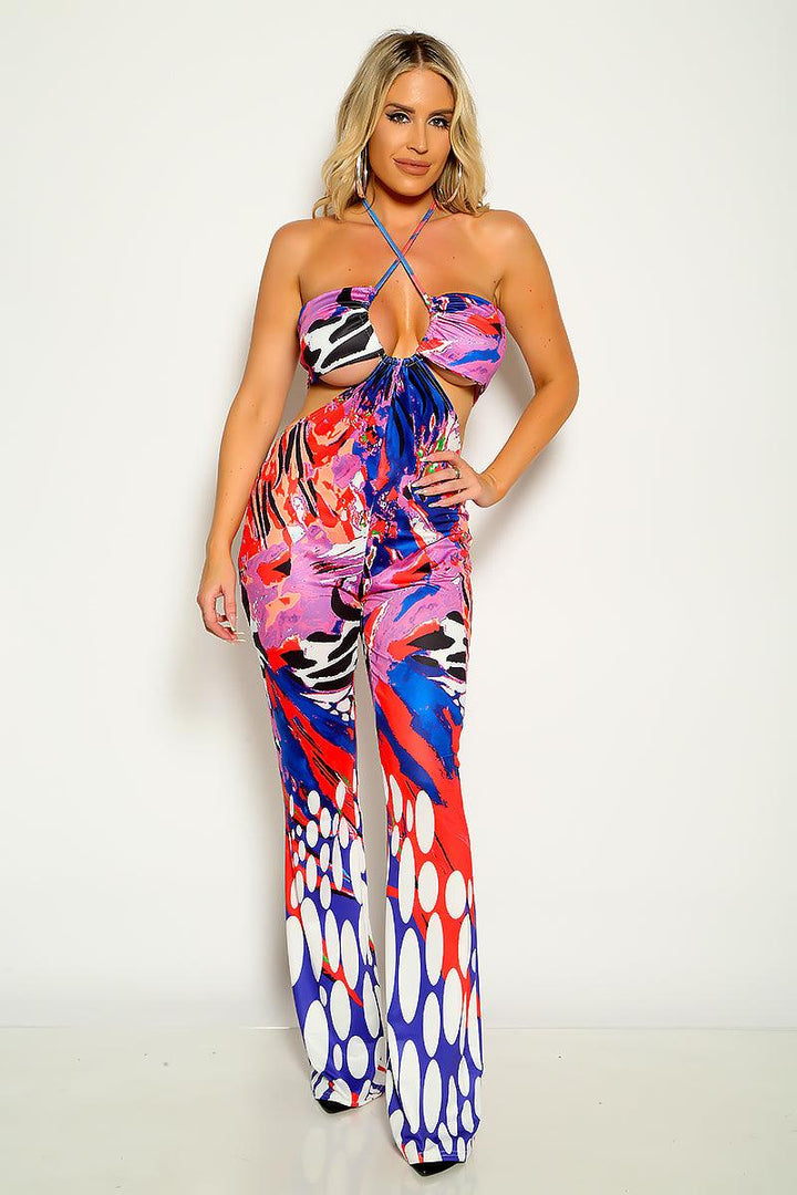 Purple Multi Printed Halter Flared Jumpsuit