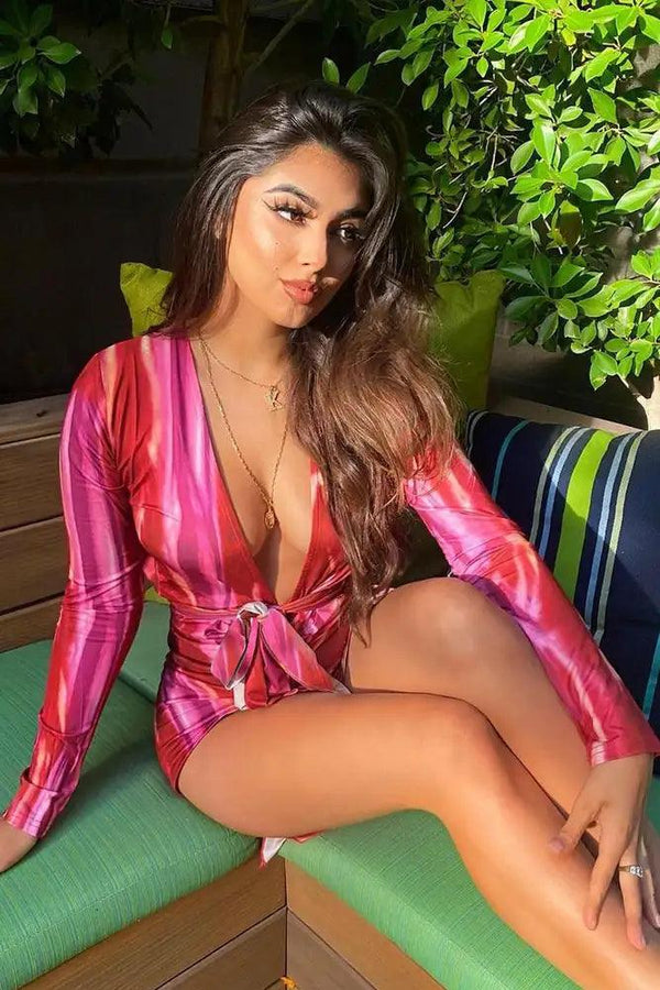 Purple Two Tone Long Sleeve V-cut Belted Party Dress