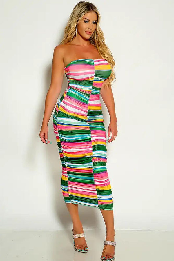 Rainbow Colored Strapless Ruched Midi Dress