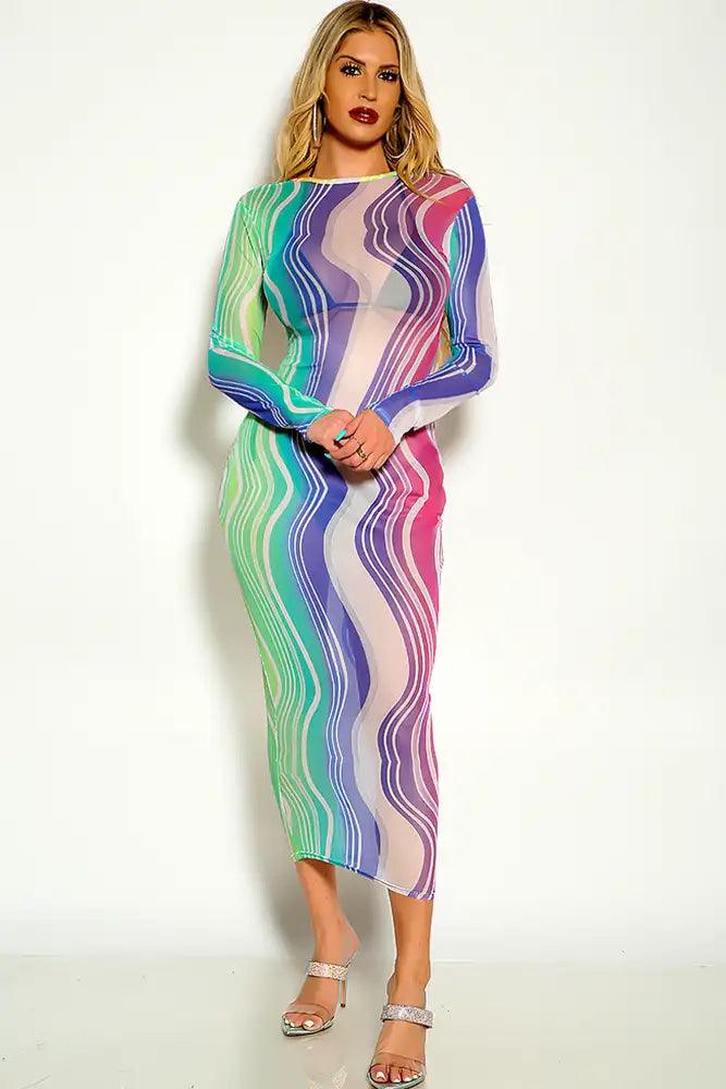 Rainbow Long Sleeve Mesh Midi Dress