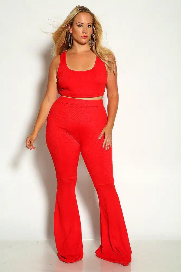 Rec Sleeveless Ribbed Cropped Flared Plus Size Two Piece Outfit