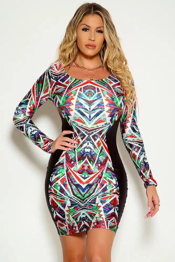 Red Black Long Sleeve Geometric Print Party Dress