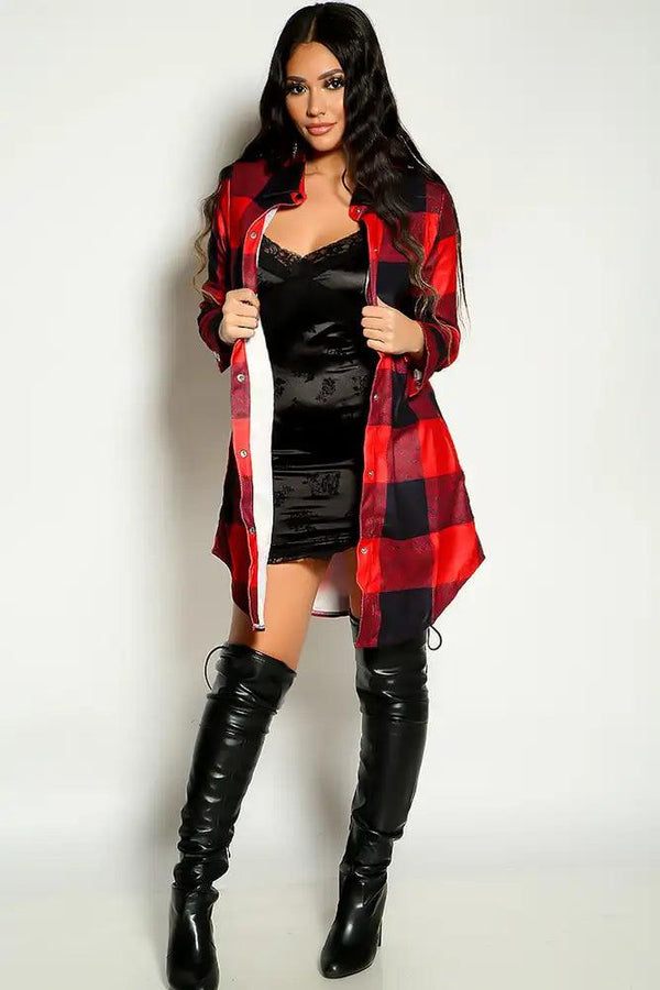 Red Black Plaid Long Sleeve Button Up Oversize Coat
