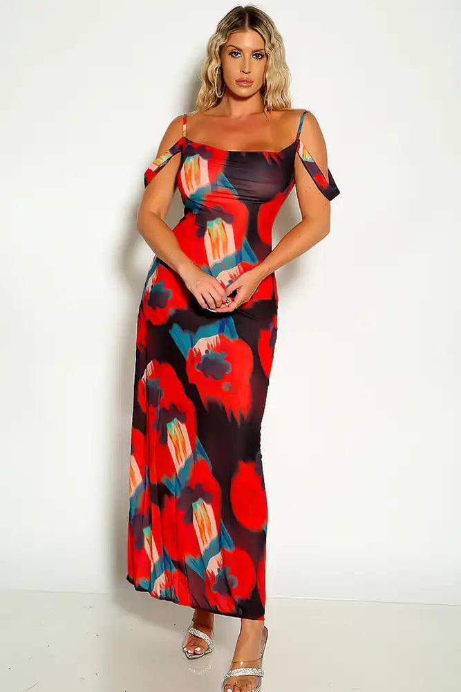 Red Black Sleeveless Draped Detail Maxi Dress