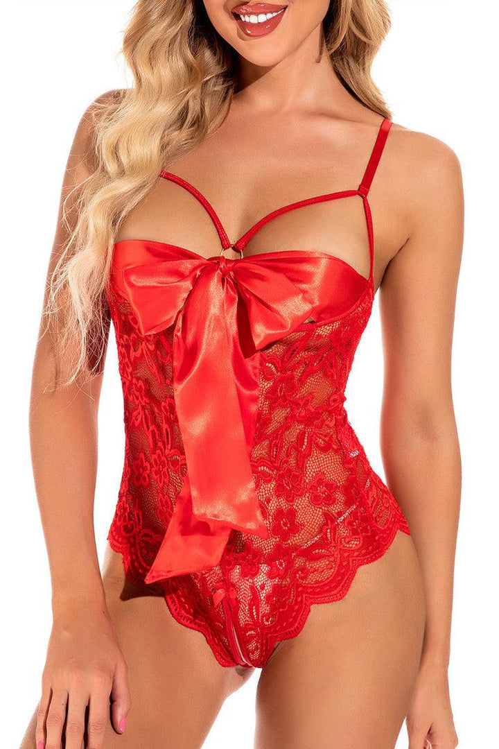 Red Bow Decor Hollow Lace Open Crotch Teddy Bodysuit