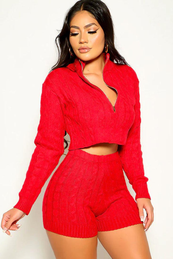 Red Cable Knit Lounge Sexy 2 Pc Sweater Outfit