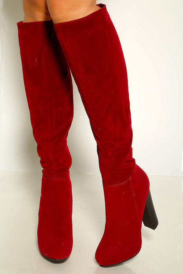 Red Chunky Heel Side Zipper Thigh High Boots