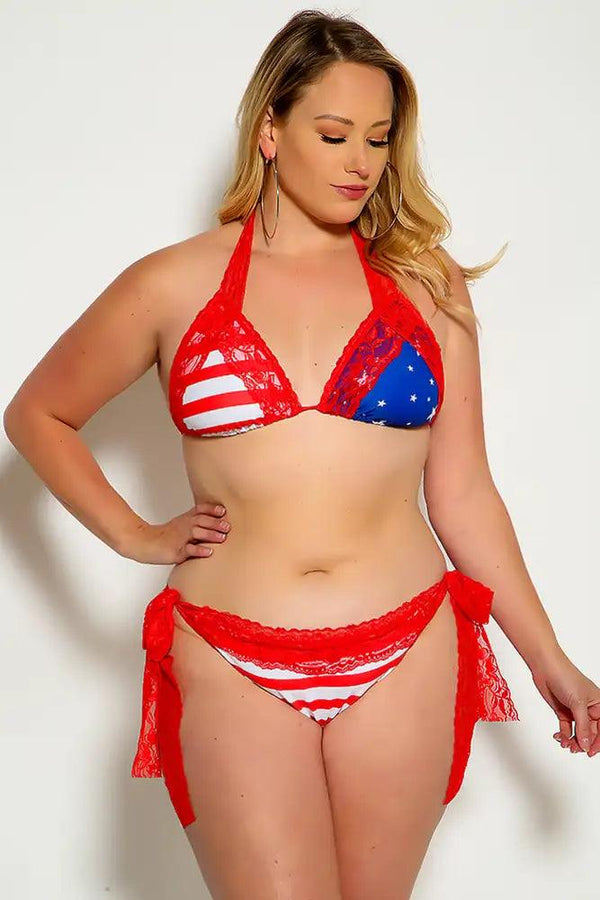 Red Flag Print Lace Trim Pucker Back Two Piece Plus Size Bikini