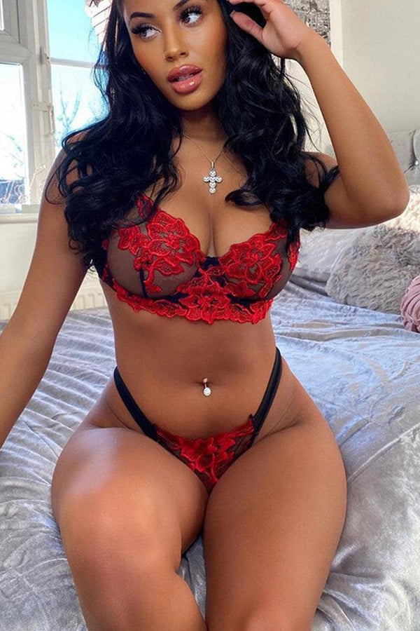 Red Floral Embroidered Underwire Bra & Panties Lingerie Set