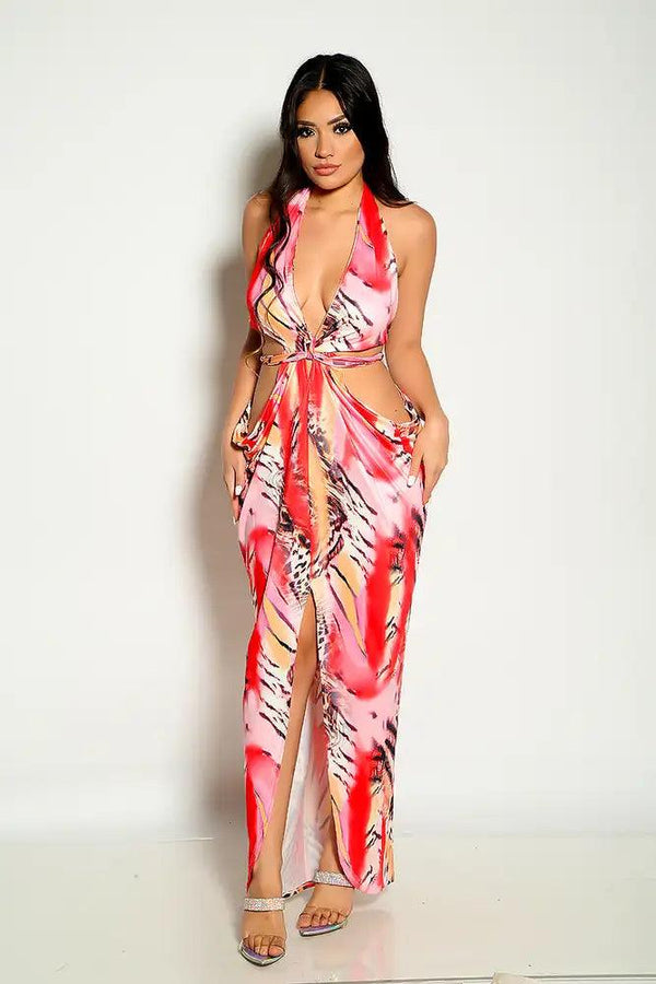 Red Floral Halter Cut Out Sexy Maxi Dress