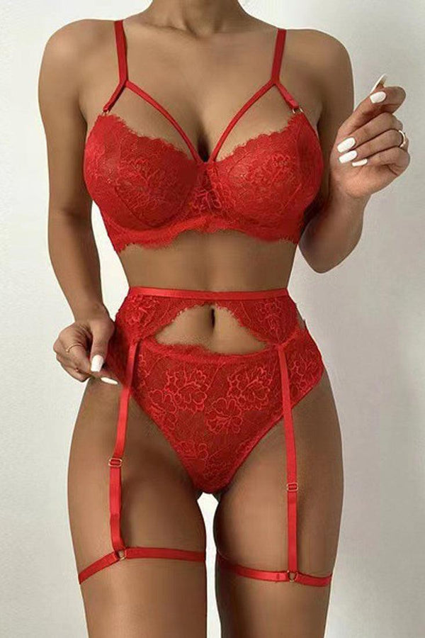 Red Floral Lace Cut Out Sexy Lingerie 3 Pc Set