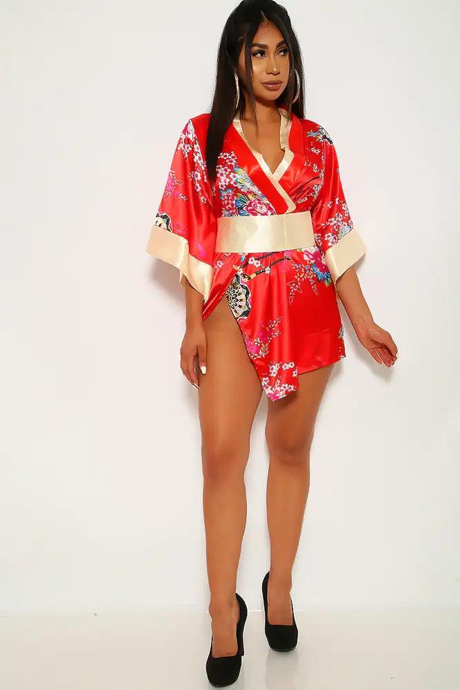 Red Floral Print 3 Piece Geisha Kimono Costume
