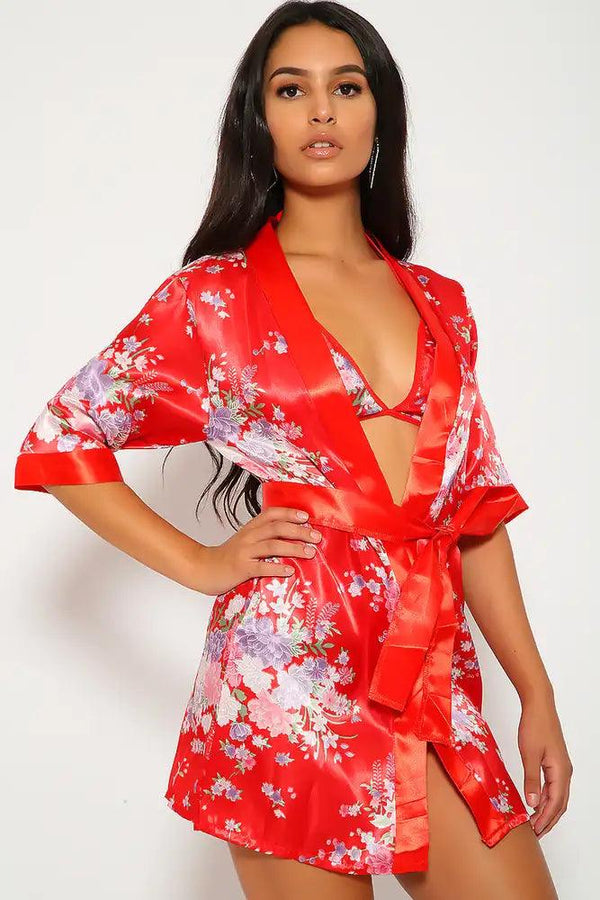 Red Floral Print Satin Sexy Geisha 3 Piece Kimono Costume