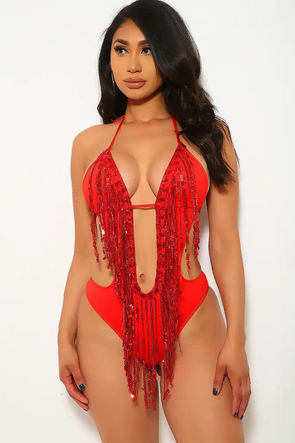 Red Fringe Sequins Cut Out Monokini