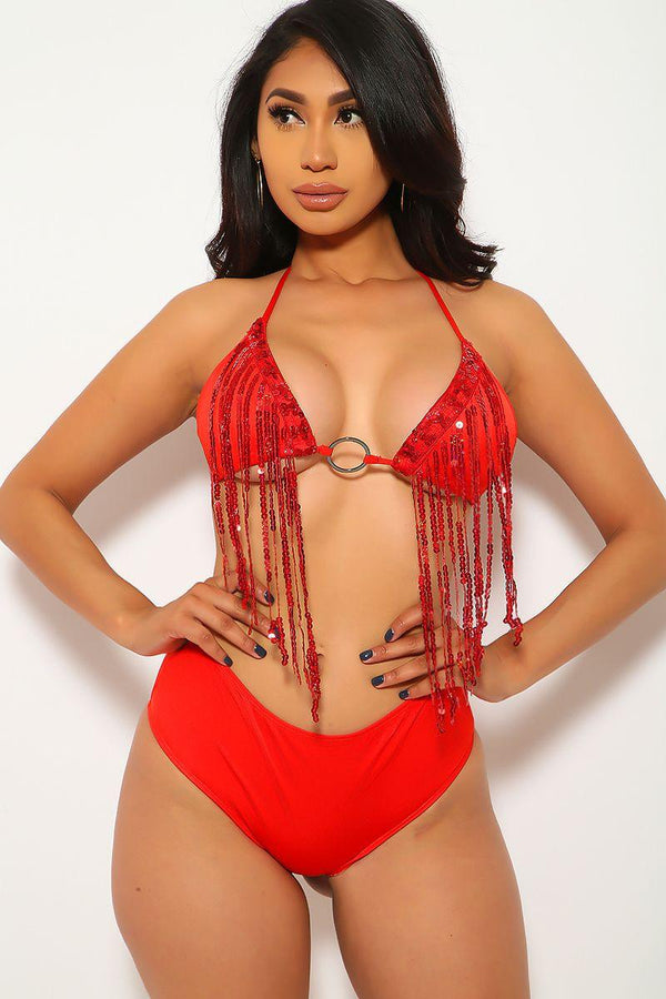 Red Fringe Sequins Two Piece Swimsuit