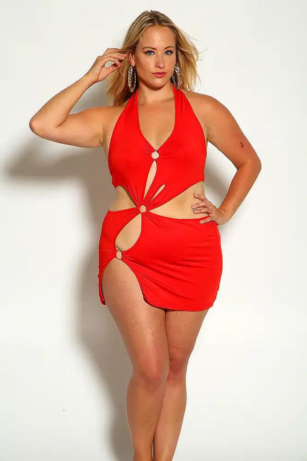 Red Halter O-Ring Cut Out Plus size Party Dress