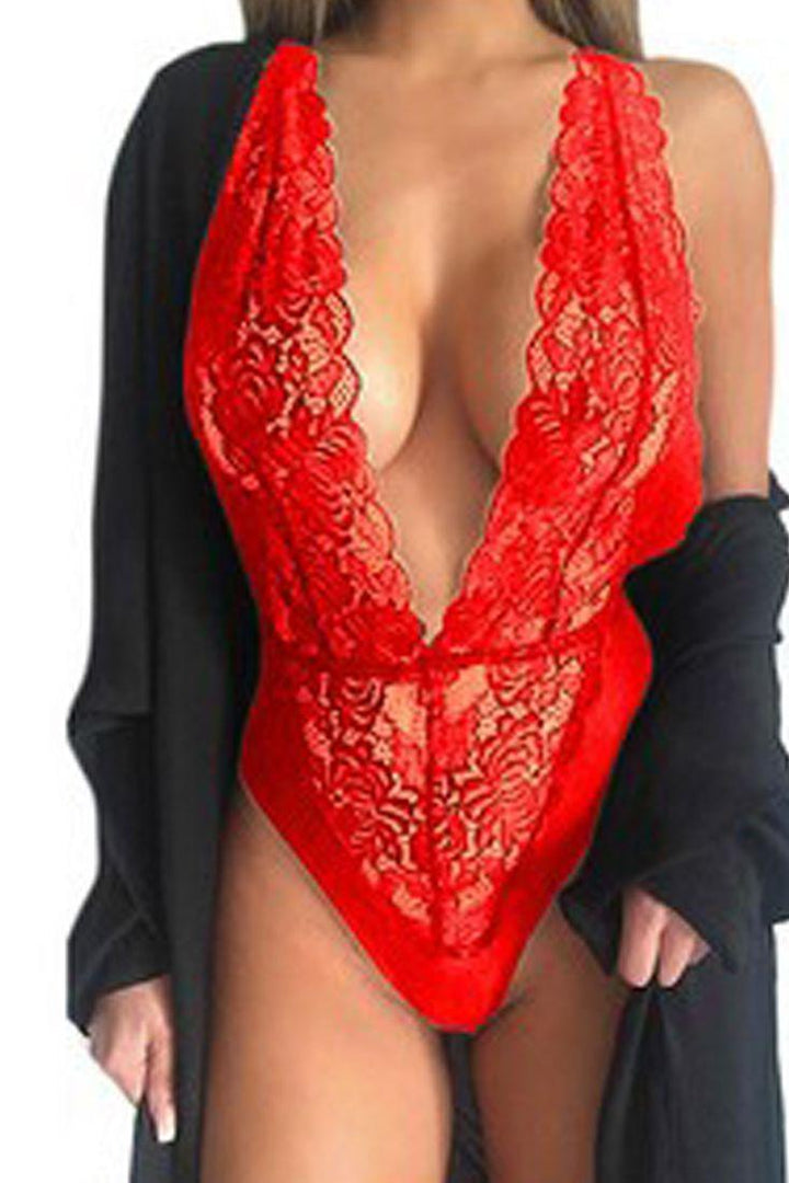 Red Halter Plunging Neckline Sexy Teddy