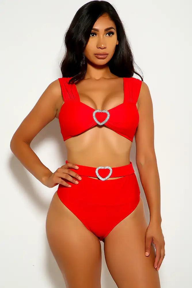 Red Heart Rhinestone Two Piece Swimsuit