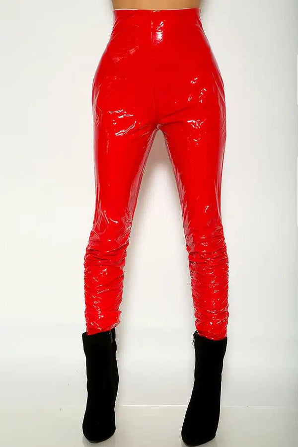 Red High Waist Patent Leather Ruched Ankle Slit Pants