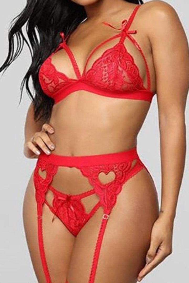 Red Lace Bra Garter Pantie Lingerie Set