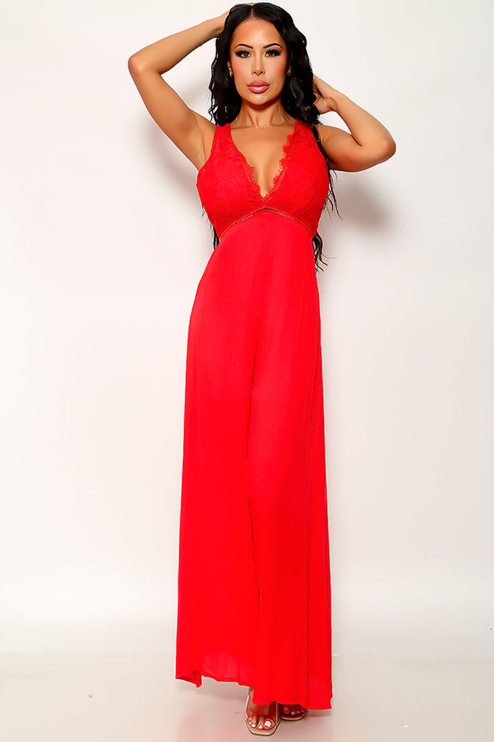 Red Lace Deep V Backless Maxi Sexy Jumpsuit Outfit