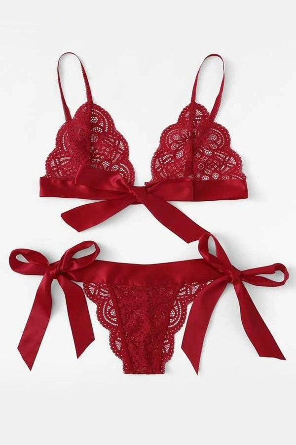 Red Lace Ribbon Bow 2Pc Lingerie Set