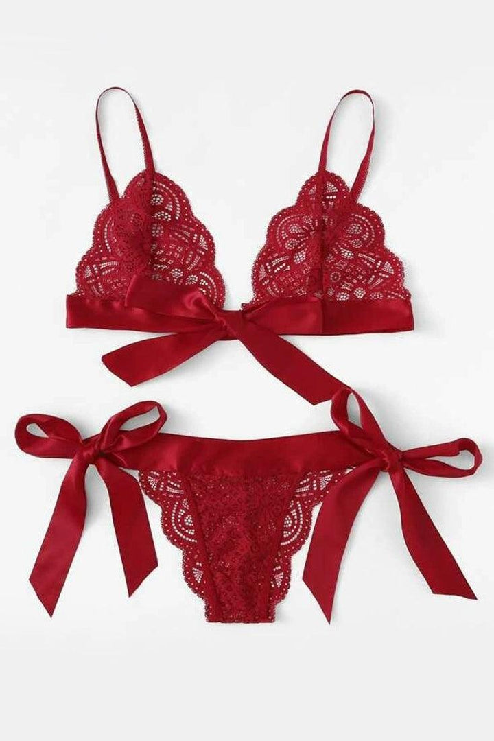 Red Lace Ribbon Bow 2Pc Lingerie Set