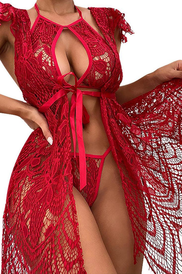Red Lace Strappy Halter Cut Out 3 Pc Lingerie Set SF003