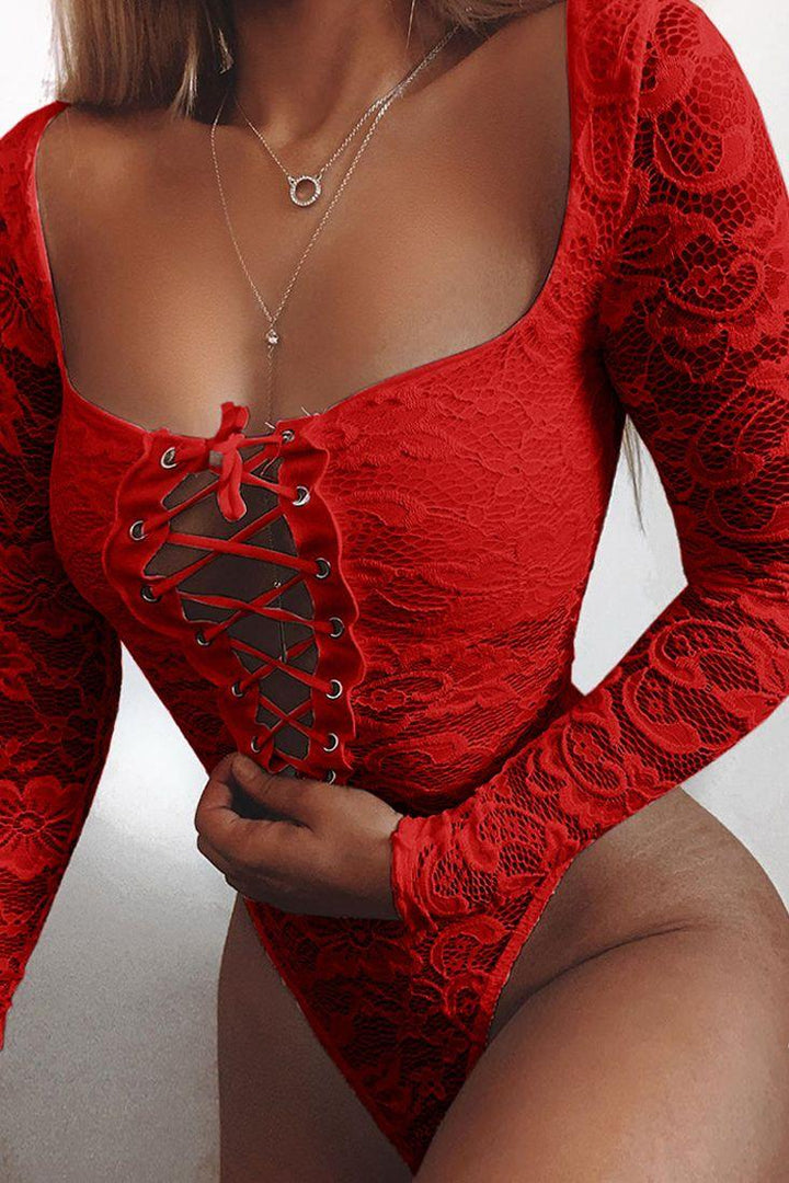 Red Long Sleeve Crochet Lace Up Teddy