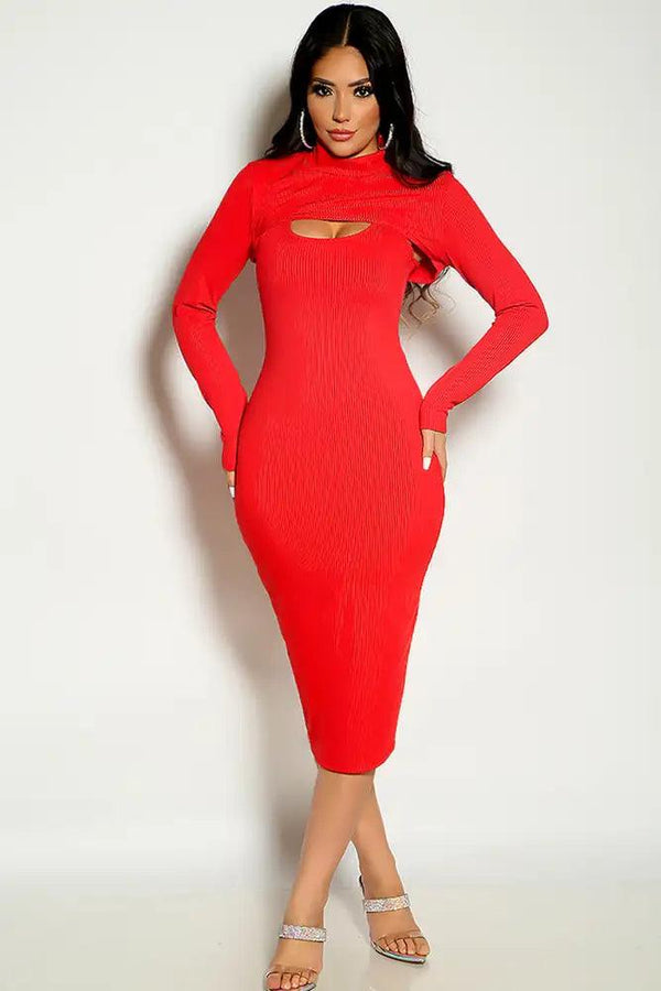 Red Long Sleeve Cropped Two Piece Ribbed Midi Party Dress