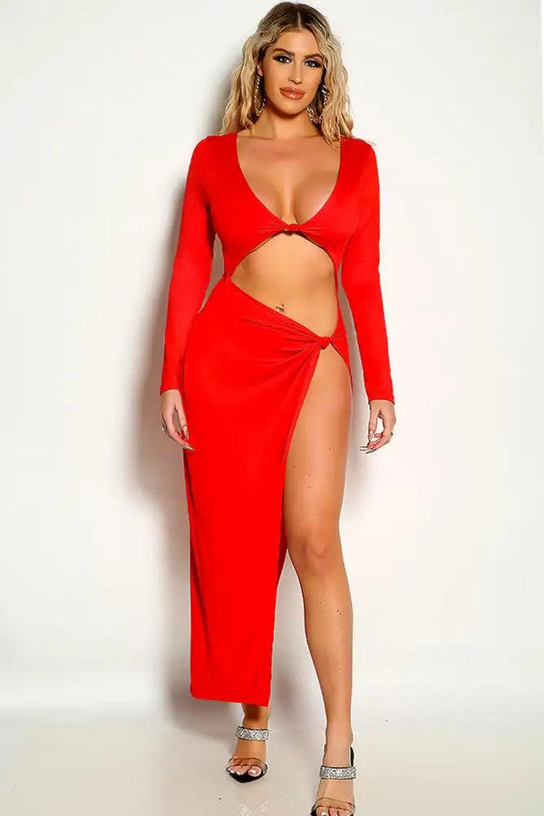 Red Long Sleeve Cut Out High Slit Midi Party Dress