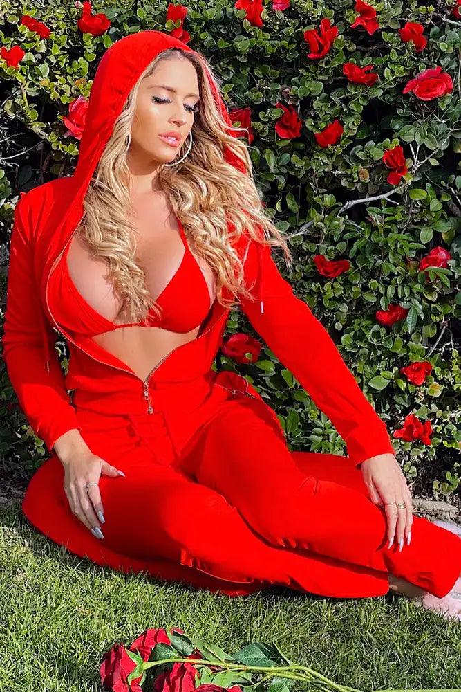 Red Long Sleeve Front Zipper Two Piece Lounge Wear Outfit