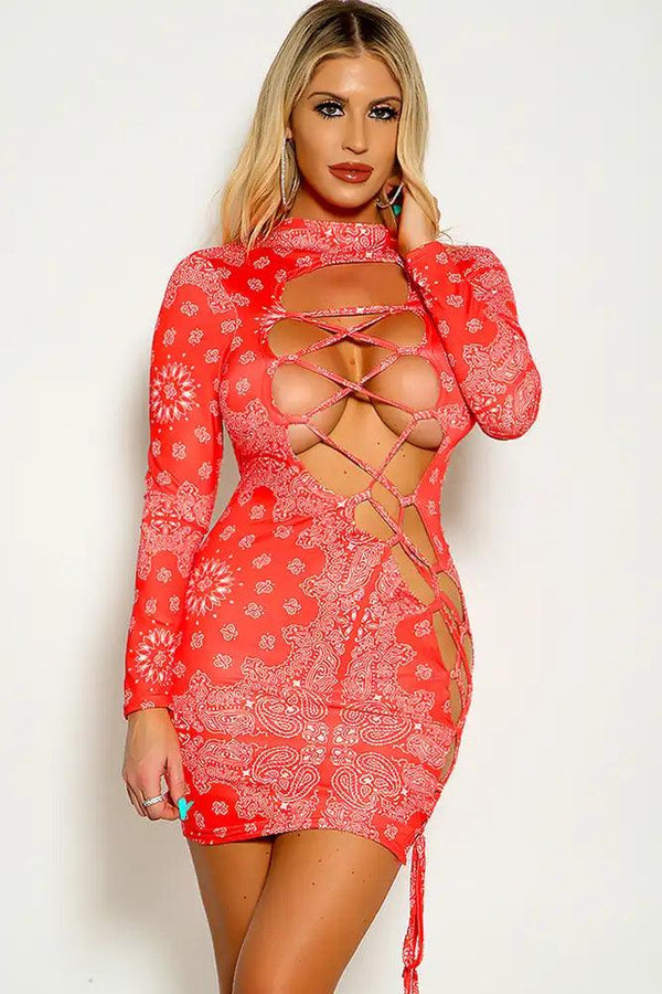 Red Long Sleeve Lace Up Bandanna Print Party Dress