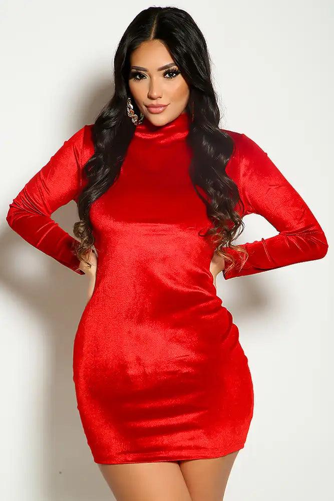 Red Long Sleeve Mock Neck Velvet Party Dress