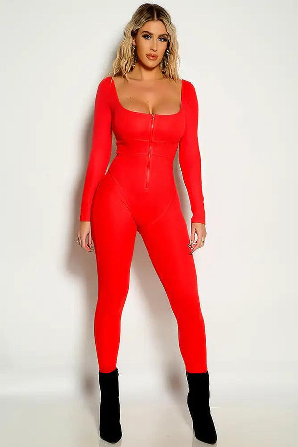 Red Long Sleeve Ribbed Zip Up Corset Piping Fitted Jumpsuit