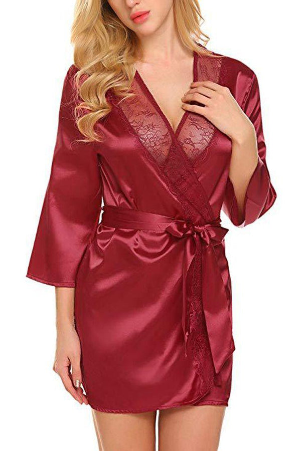 Red Long Sleeve Satin Lace Trim Belted Robe