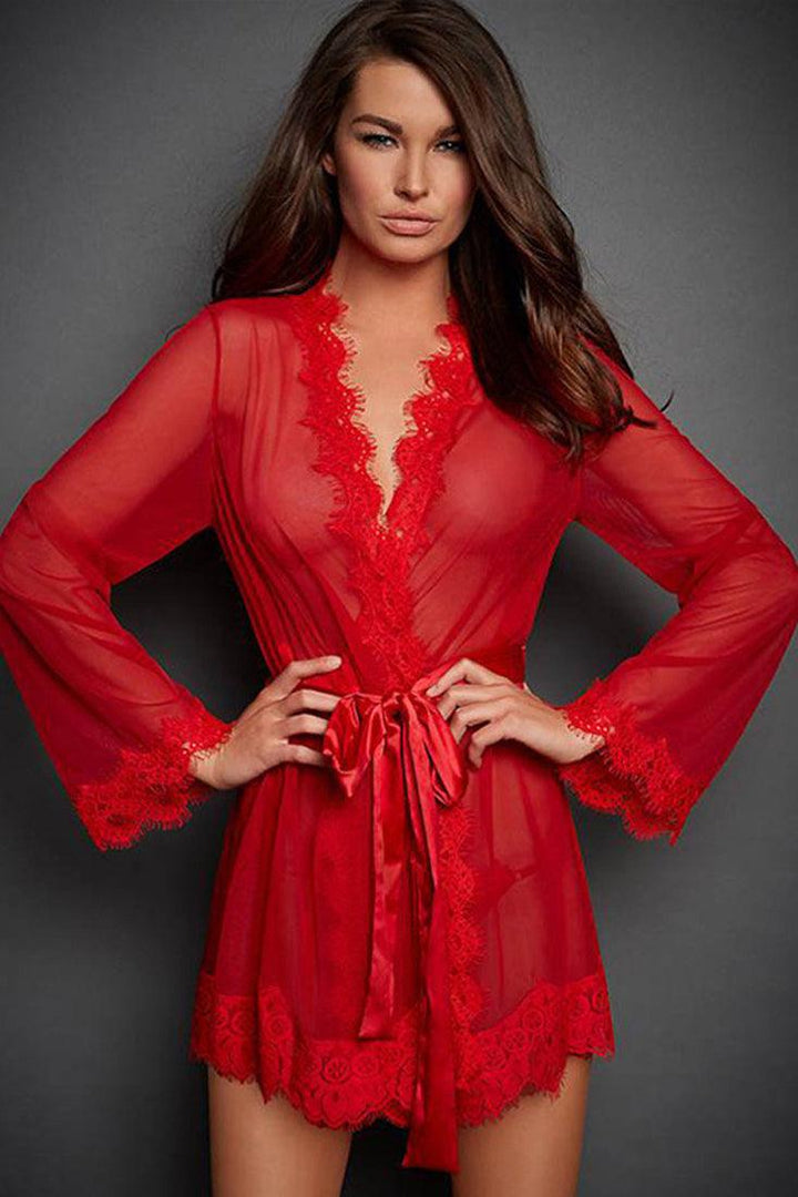 Red Long Sleeve See Through Frayed Trim Lingerie Robe 3 Pc Set